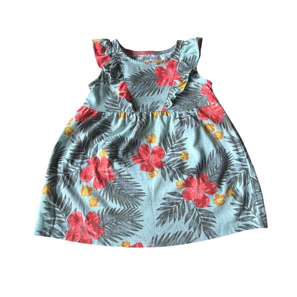 Okie Dokie Baby Girl Tropical Floral Ruffle Dress Blue Red 9M